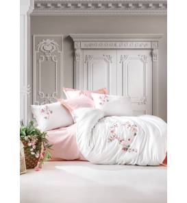 İndirimli Nevresim Takımları Cotton Box 3D Nakışlı Saten Luna Pudra Çift K. Nevresim Tk.