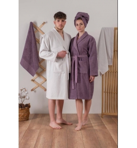 Fırsat Ürünleri Camilla Mürdüm-Gri Cotton Box Jakarlı Aile Bornoz Seti