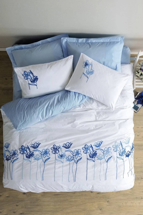 Cotton Box Brode Nakışlı Onella Mavi Çift K. Nevresim Tk.