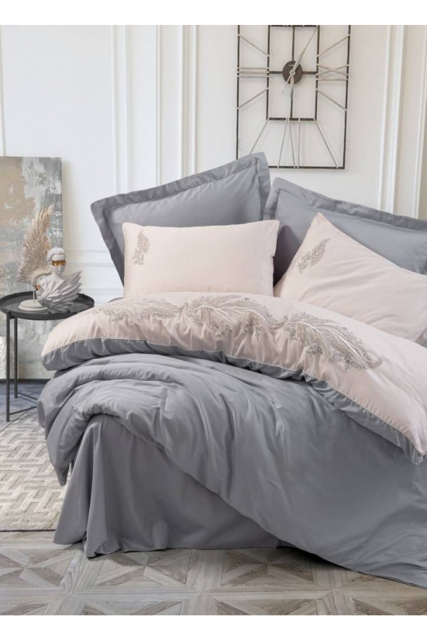 Cotton Box Brode Saten Sheen Gri Nevresim Takımı