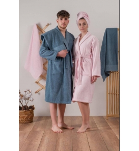 Cotton Box Jakarlı Aile Bornoz Seti Camilla - Pembe/Indigo